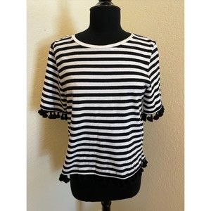 See and Be Seen Black and White Striped Fringe Top -Sz M